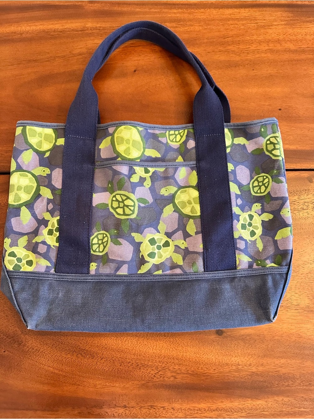 Pottery Barn Kids Canvas Turtle Print Beach Tote Bag with front pocket.